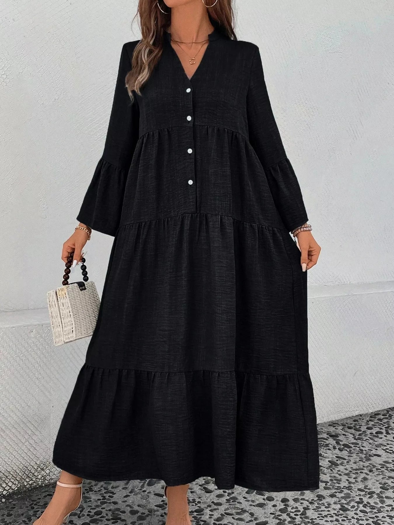 Ruffle Hem Button Front Tiered Dress