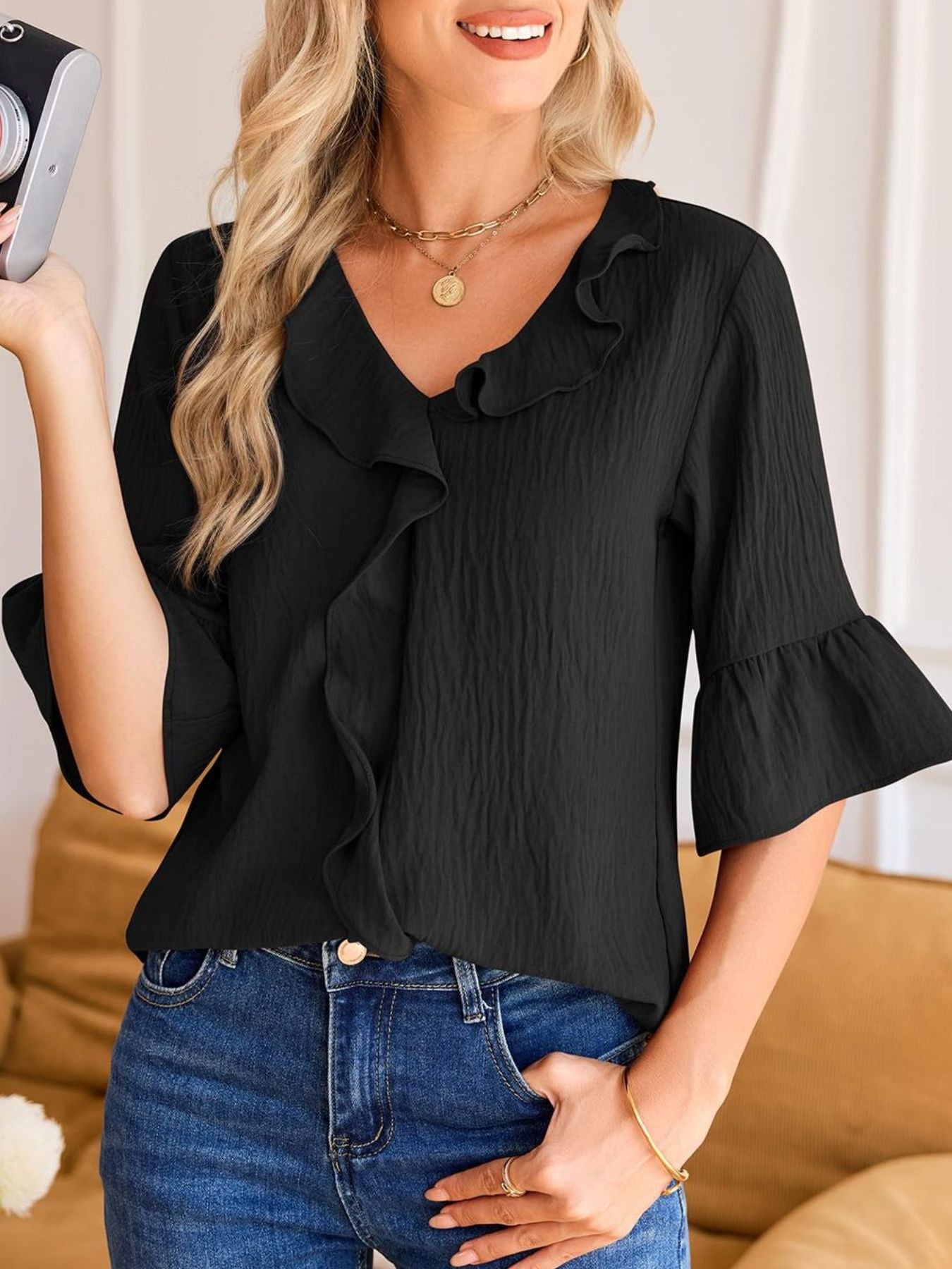 Ruffle V-Neck Flounce Sleeve Blouse