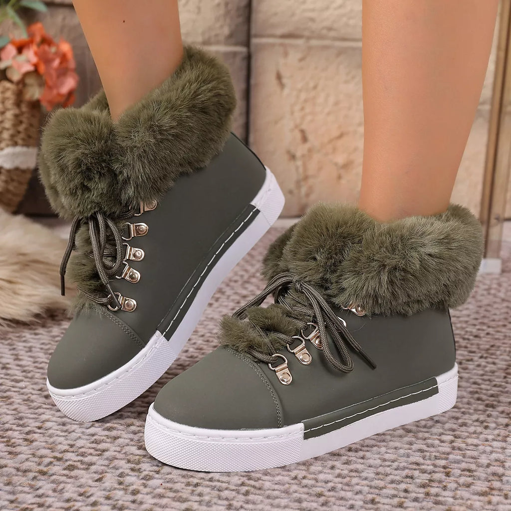 Fuzzy Trim Lace-Up Ankle Boots