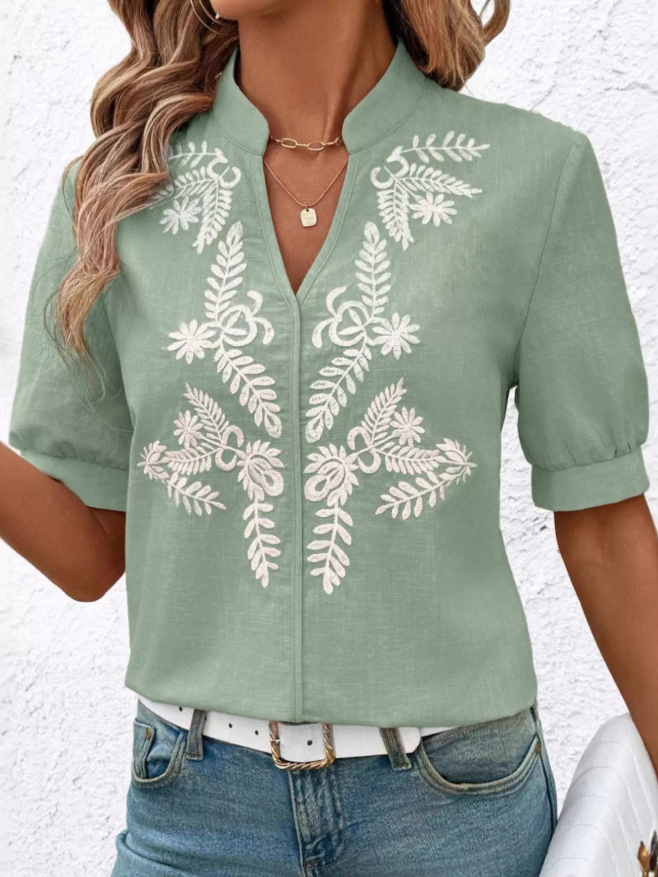 Embroidered Notched Short Sleeve Blouse