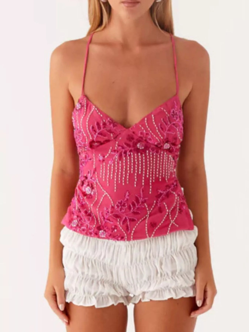 Floral Lace Up Back V-Neck Cami