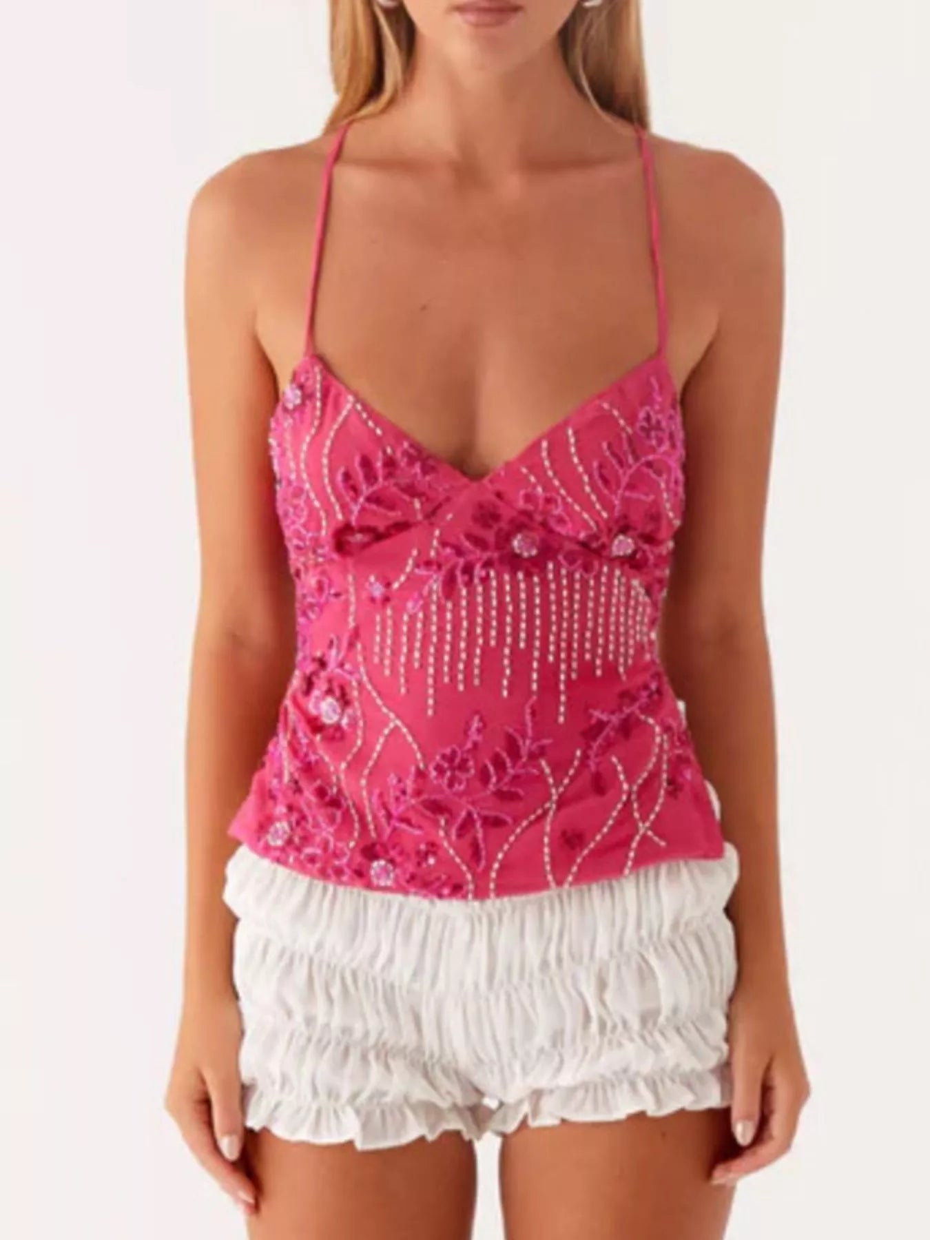 Floral Lace Up Back V-Neck Cami