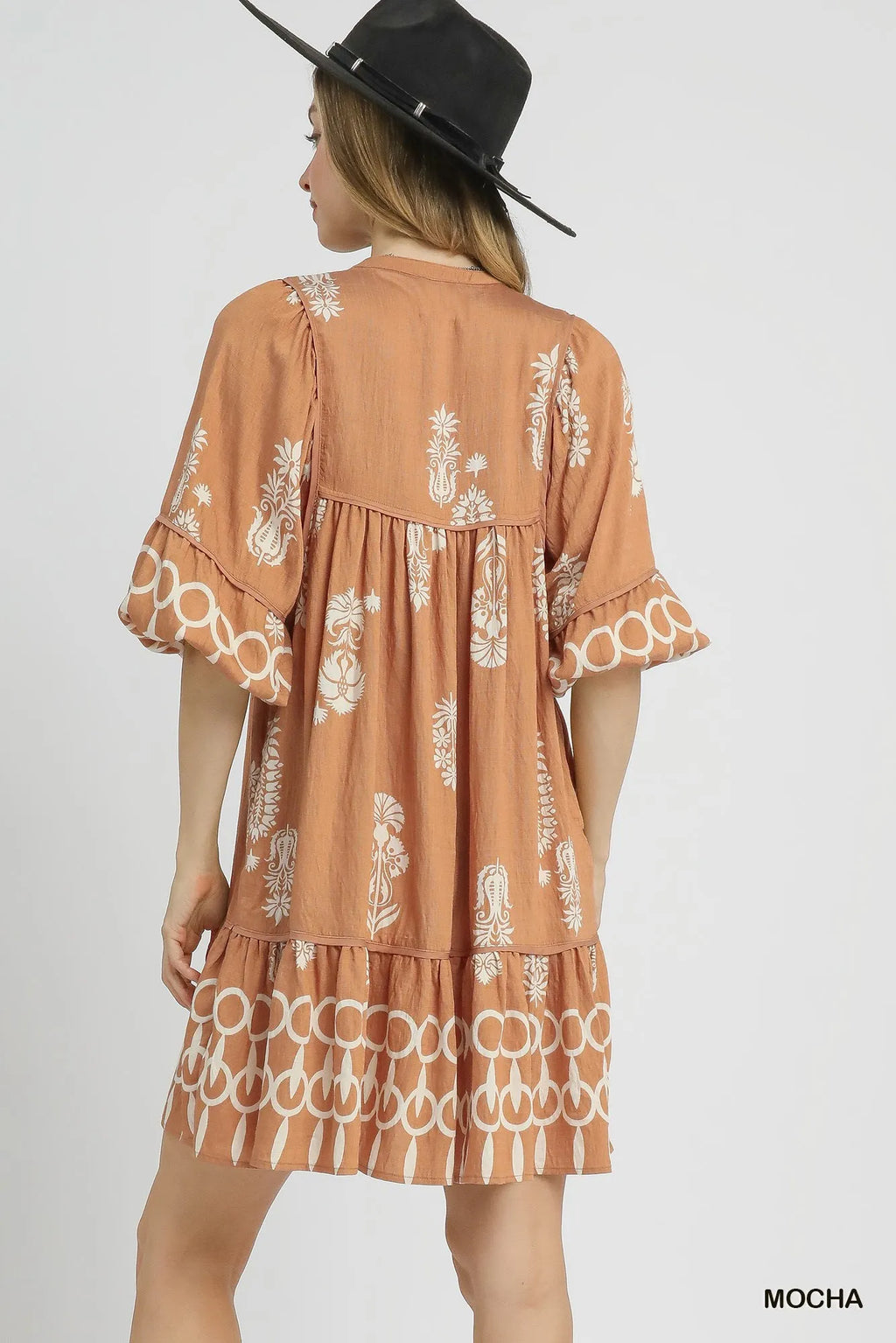 Umgee Boarder Print Tassel Tie Neck Mini Dress