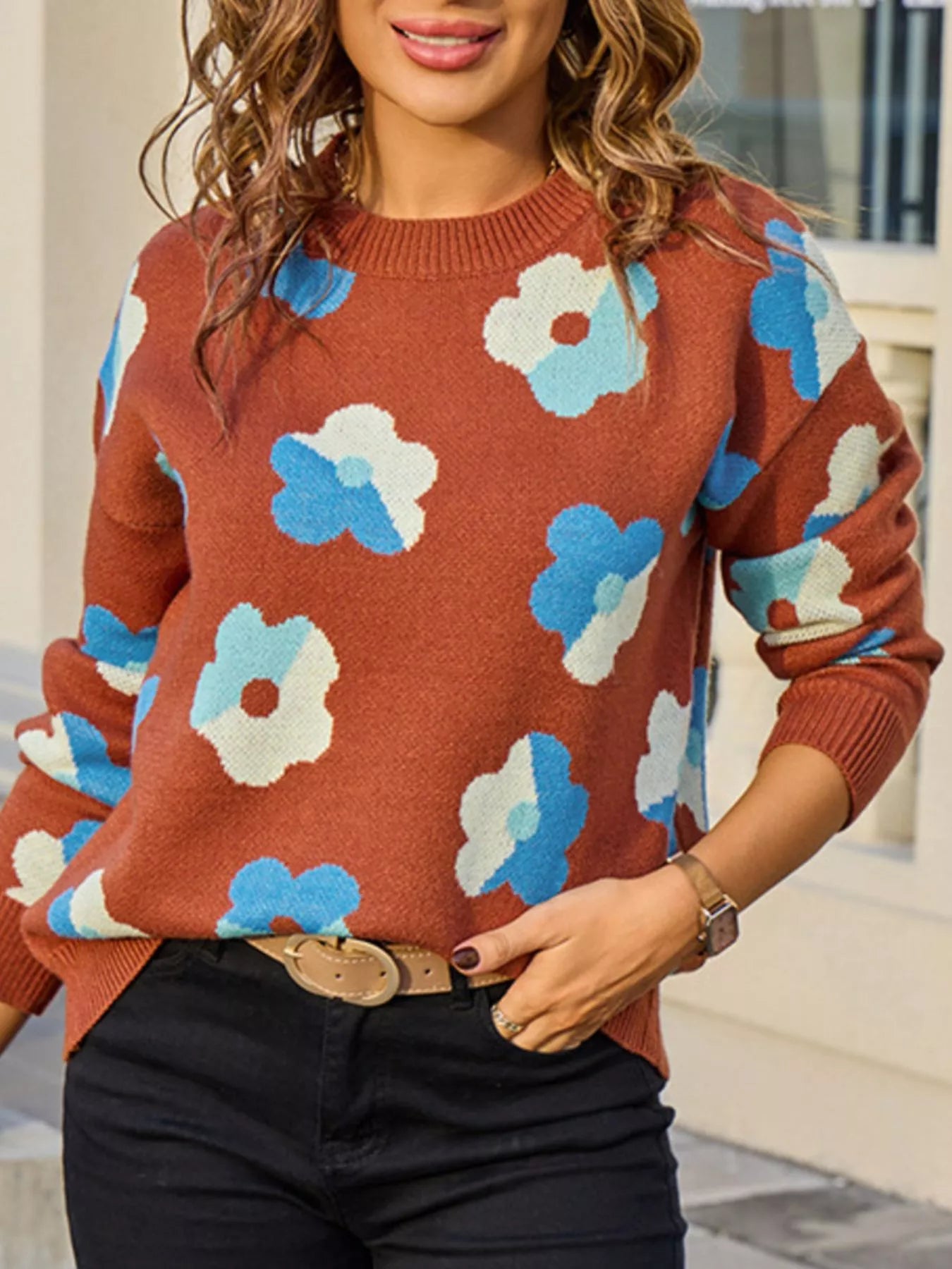 Floral Crew Neck Long Sleeve Sweater