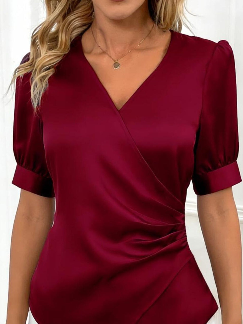 Satin V-Neck Wrap Blouse