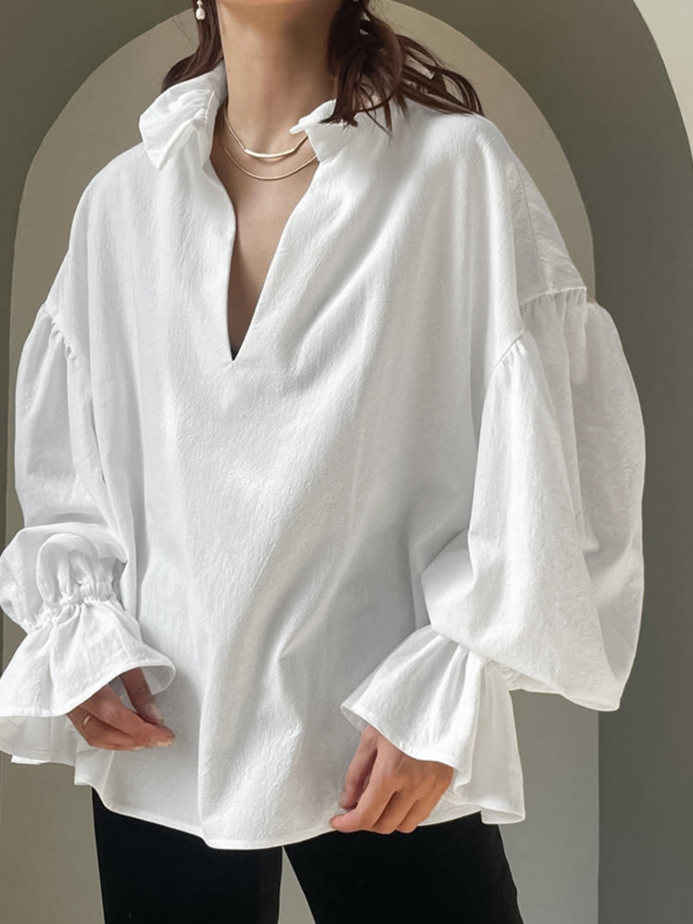 Notched Flounce Sleeve Blouse