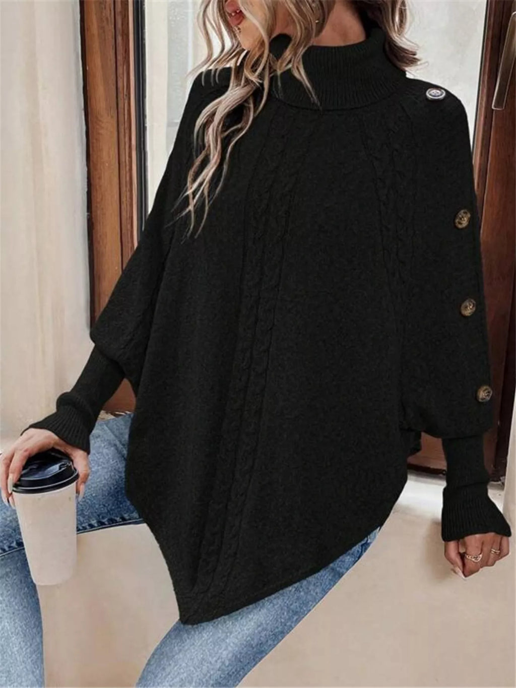 Cable Knit Turtleneck Cape Sweater