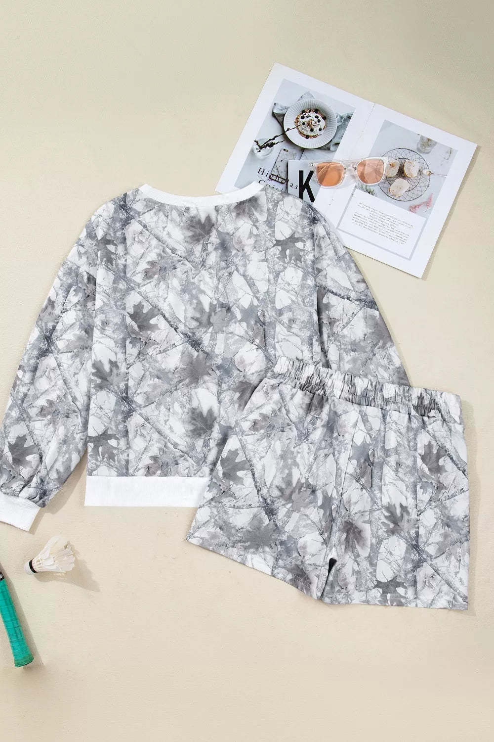 Abstract Woodland Camo Print Baggy Pullover Drawstring Shorts Set