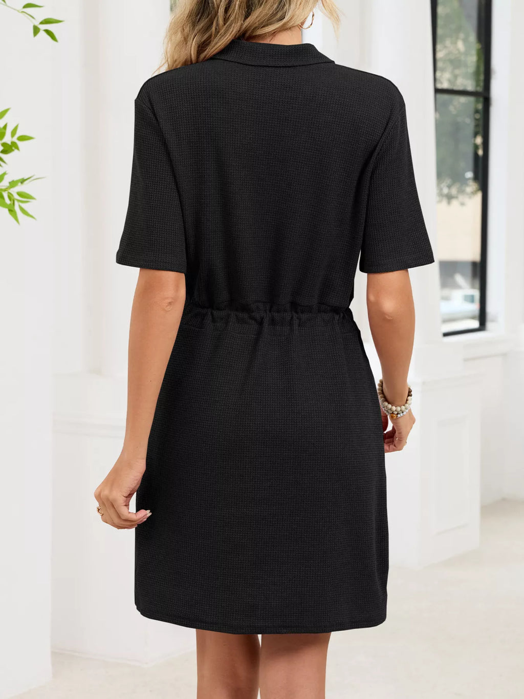 Casual Knit Polo Collar Drawstring Waist Dress