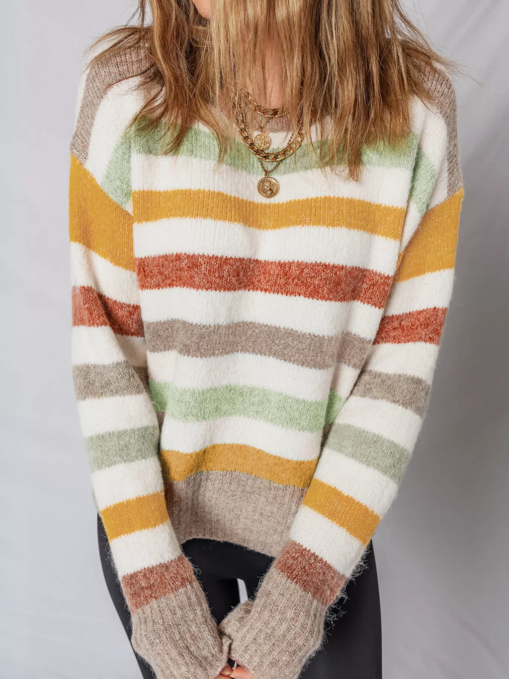 Multicolour Stripe Drop Shoulder Crew Neck Sweater