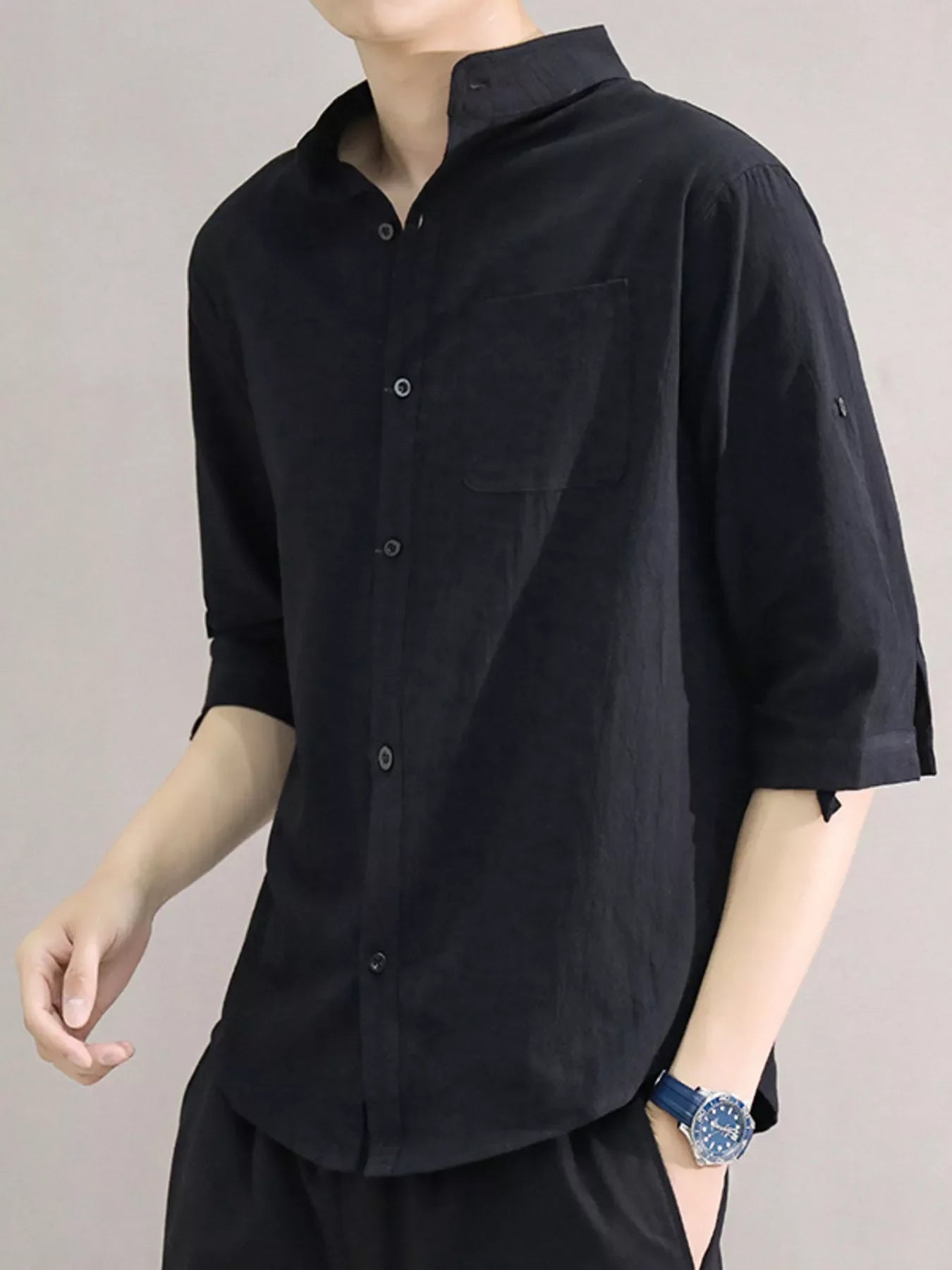 Men's Plus Size Button Up Roll-Up Sleeve Shirt