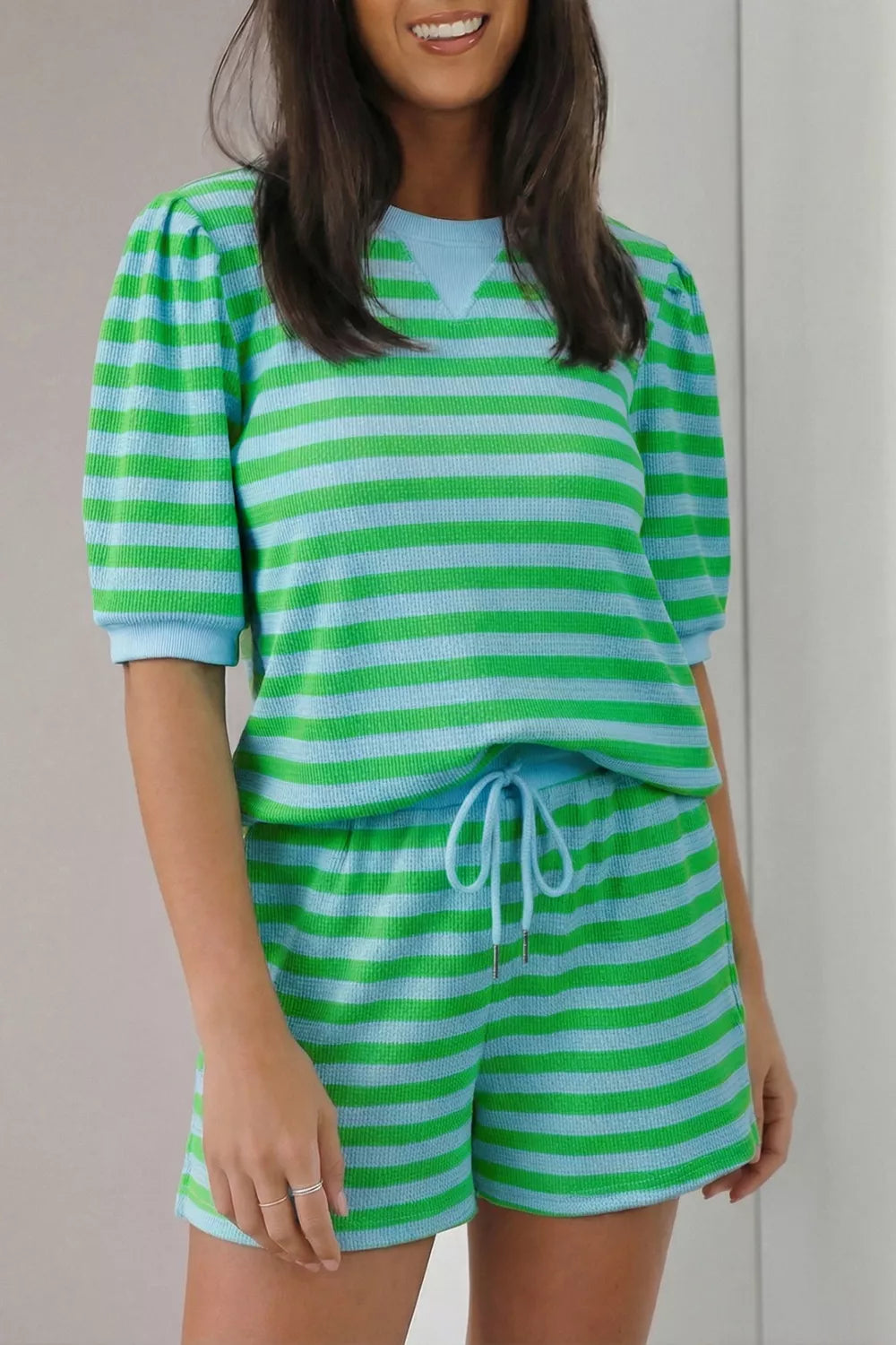 Stripe Colorblock Detail Puff Sleeve Top Drawstring Shorts 2pcs Outfit