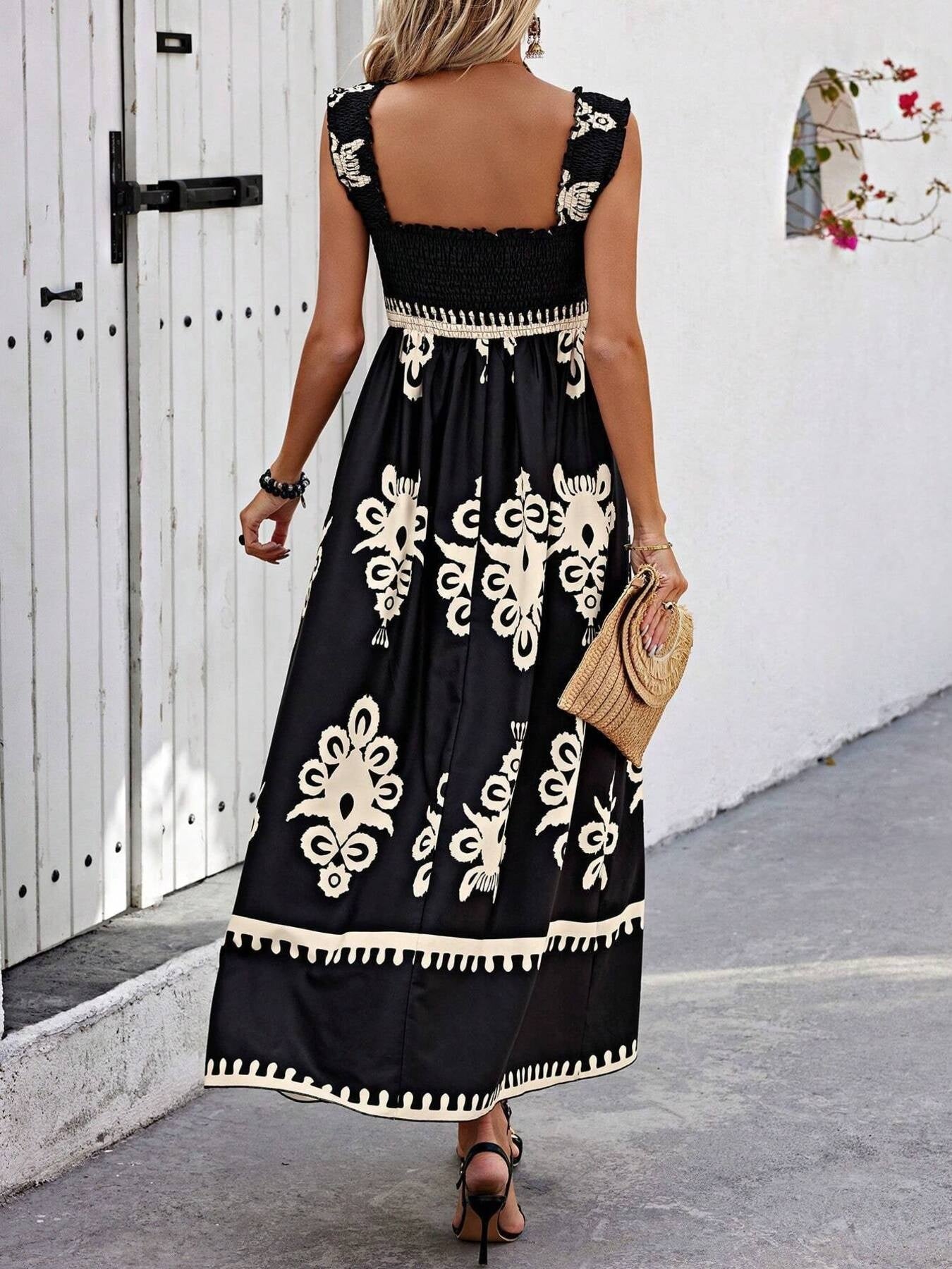Smocked Bodice Colorful Print Tank Dress