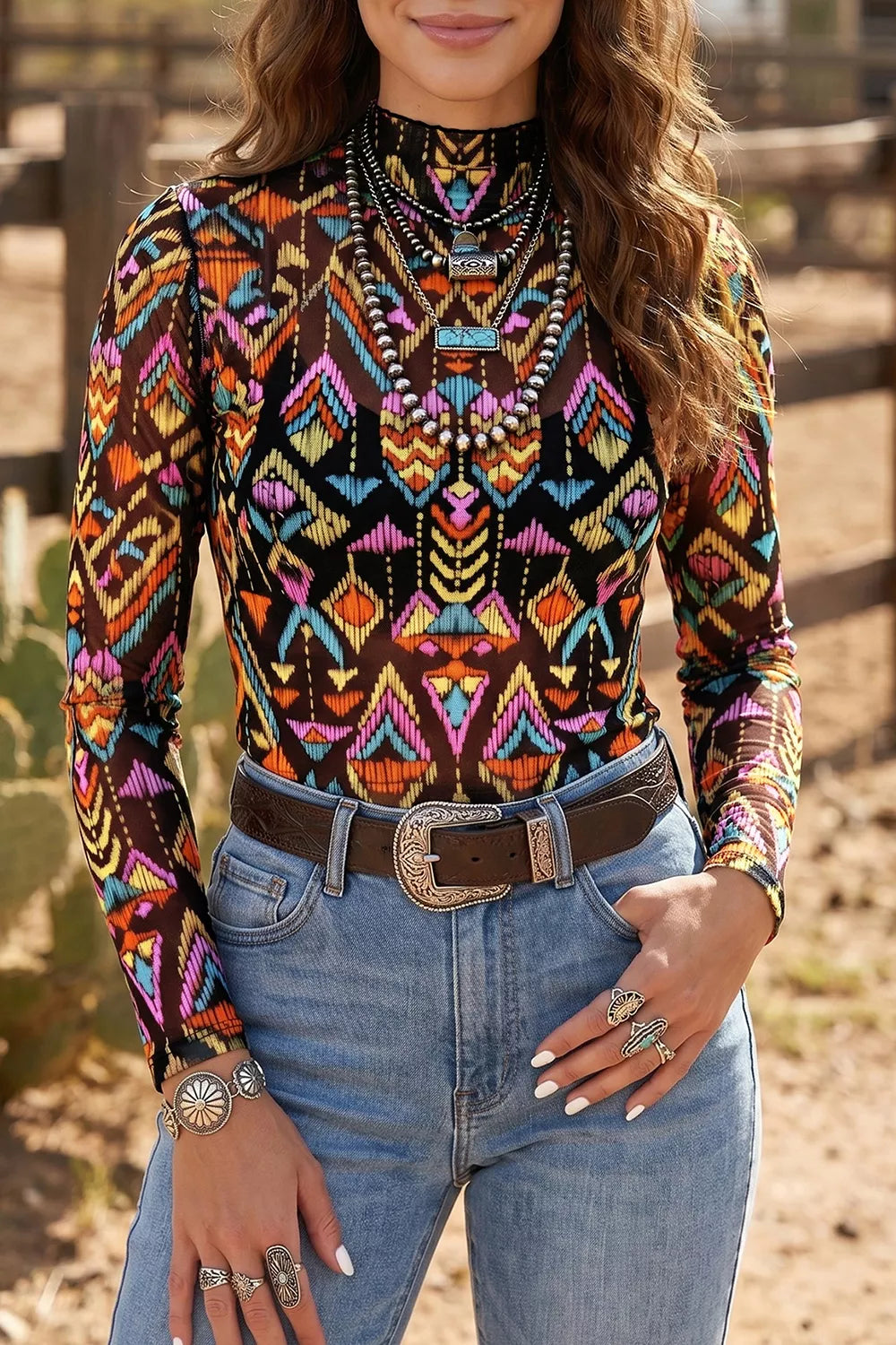 Abstract Print Long Sleeve Stand Neck Mesh Top