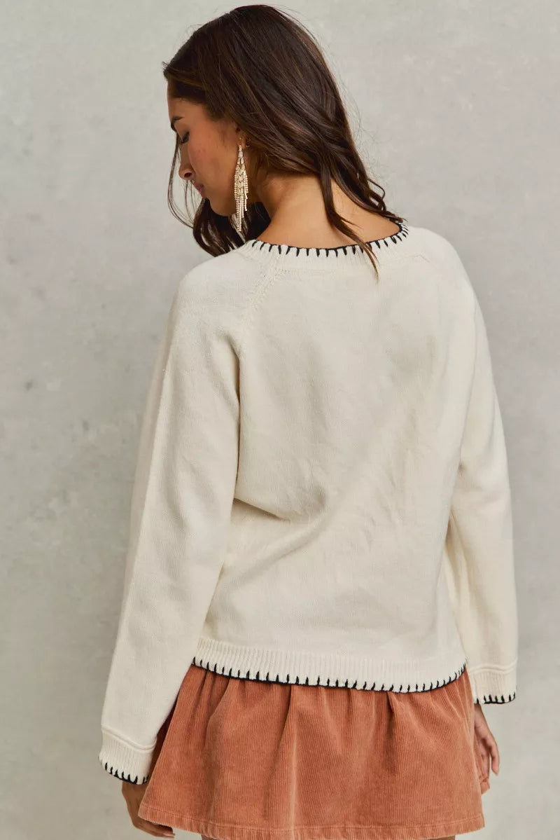 SO ME Horse Knit Sweater Top with Blanket Stitch