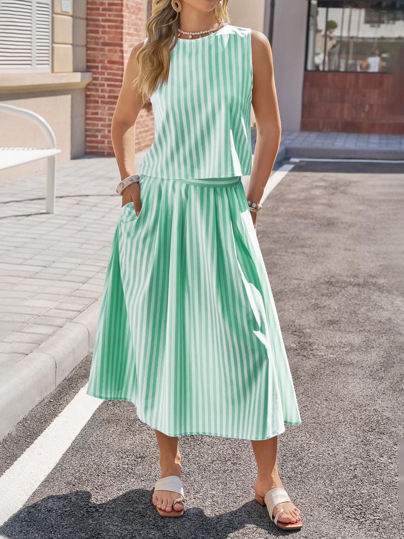 Striped Sleeveless Top and Midi Skirt Set