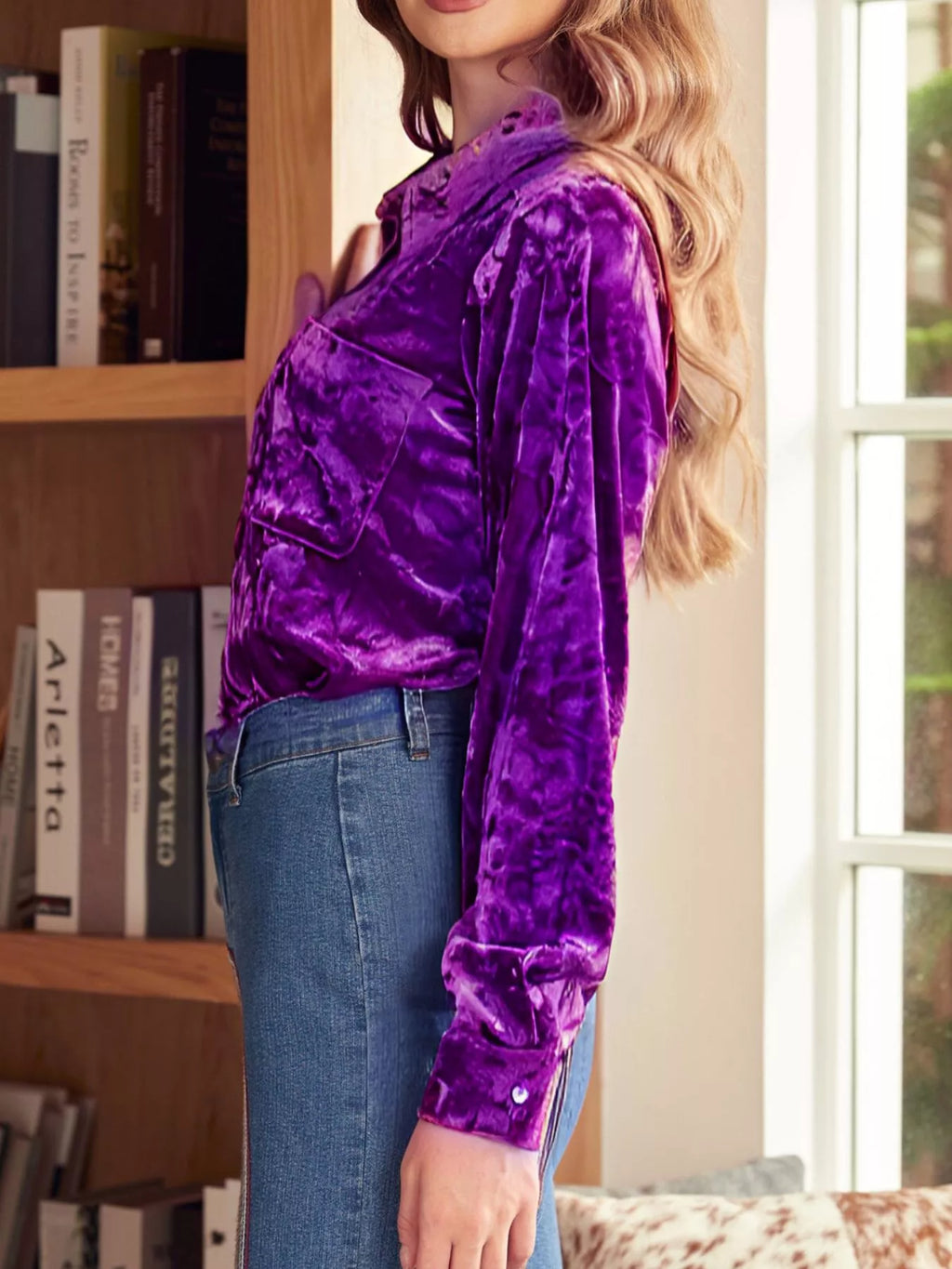Velvet Button-Down Long Sleeve Shirt