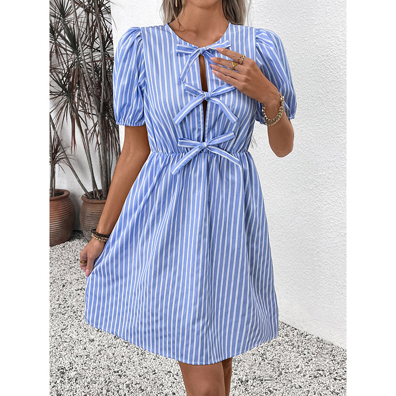Women’s Striped Tie-Front Puff Sleeve Mini Dress