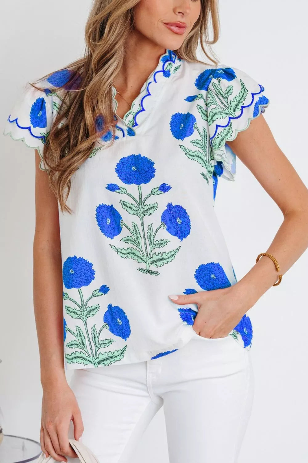 Contrast Scallop Trim Layered Short Sleeve V Neck Blouse