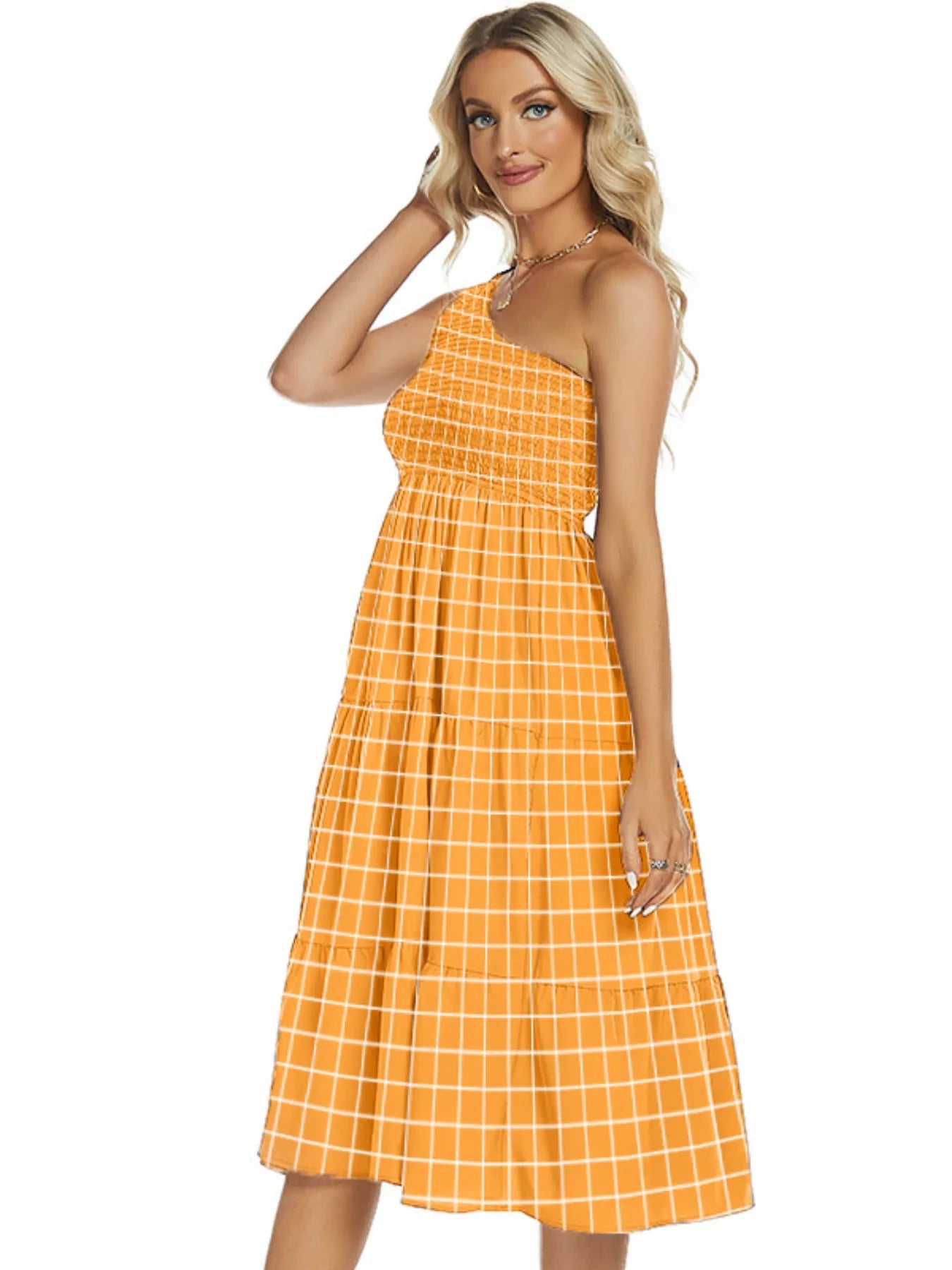 One-Shoulder Tiered Midi Dress with Smocked Bodice