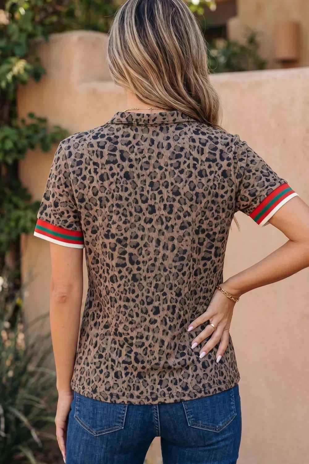 Leopard Jacquard Striped Patchwork Half Zip Short Sleeve Blouse