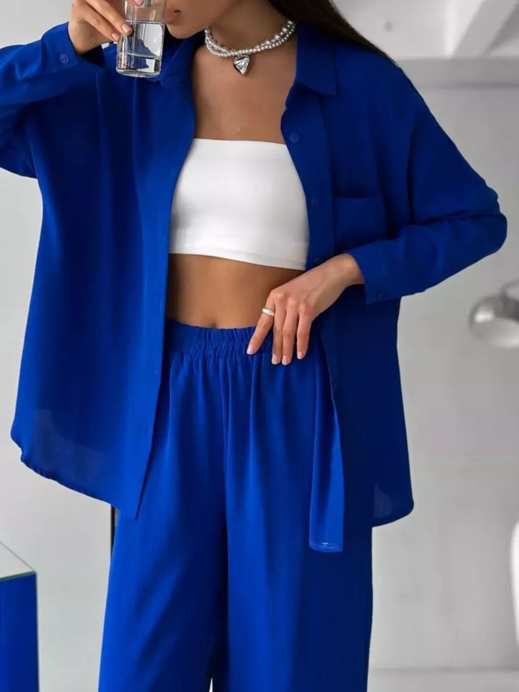 Relaxed Fit Shirt and Wide Leg Pants Set