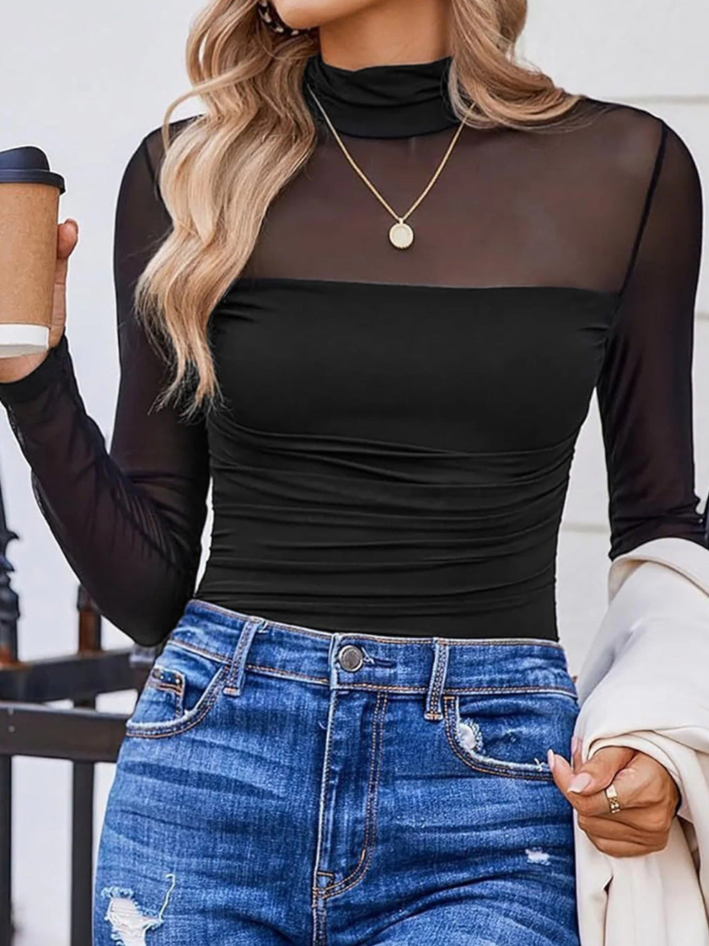 Sheer Mesh Patchwork High Neck Long Sleeve Top