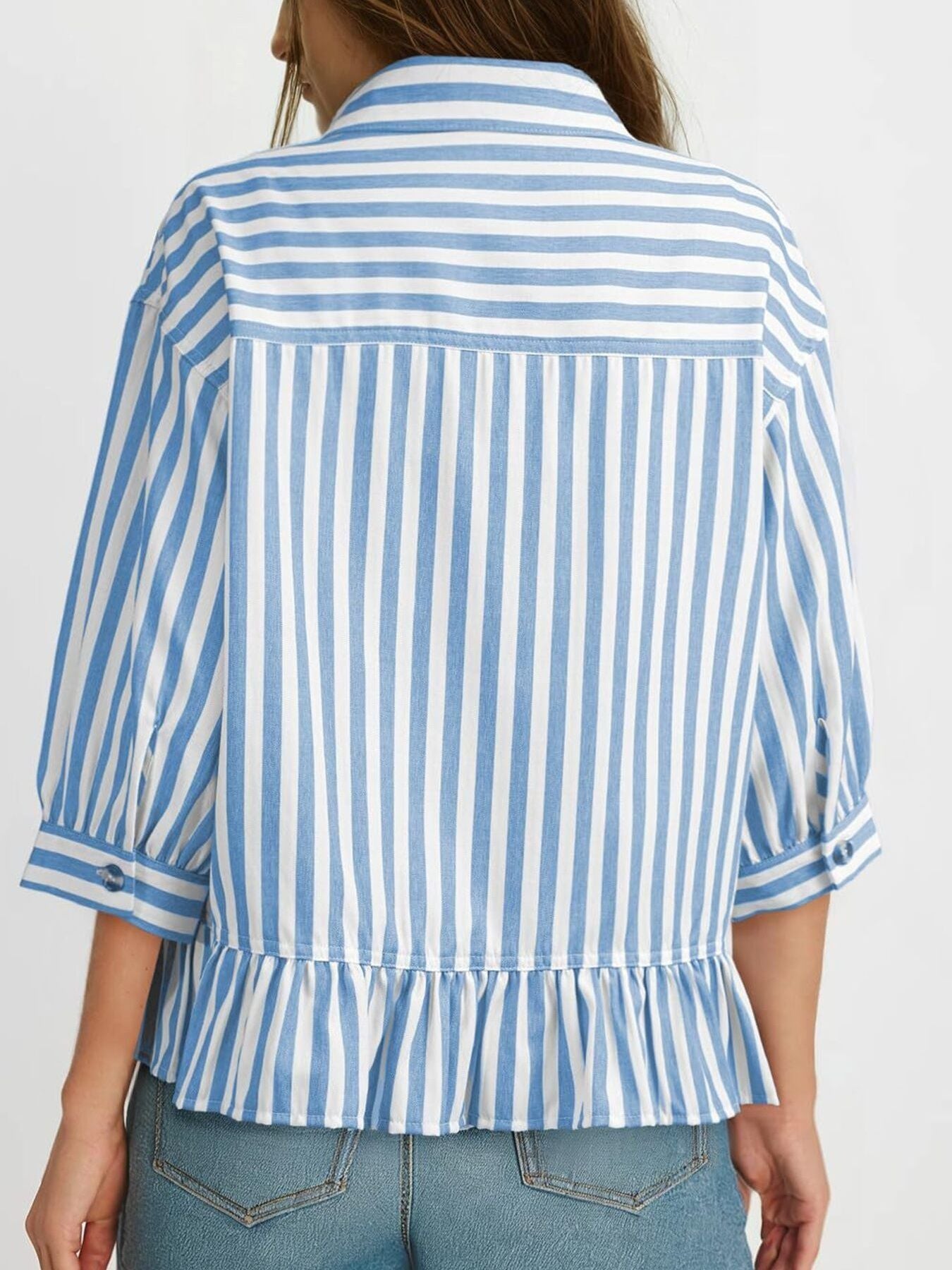 Striped Ruffle Hem Button-Down Shirt