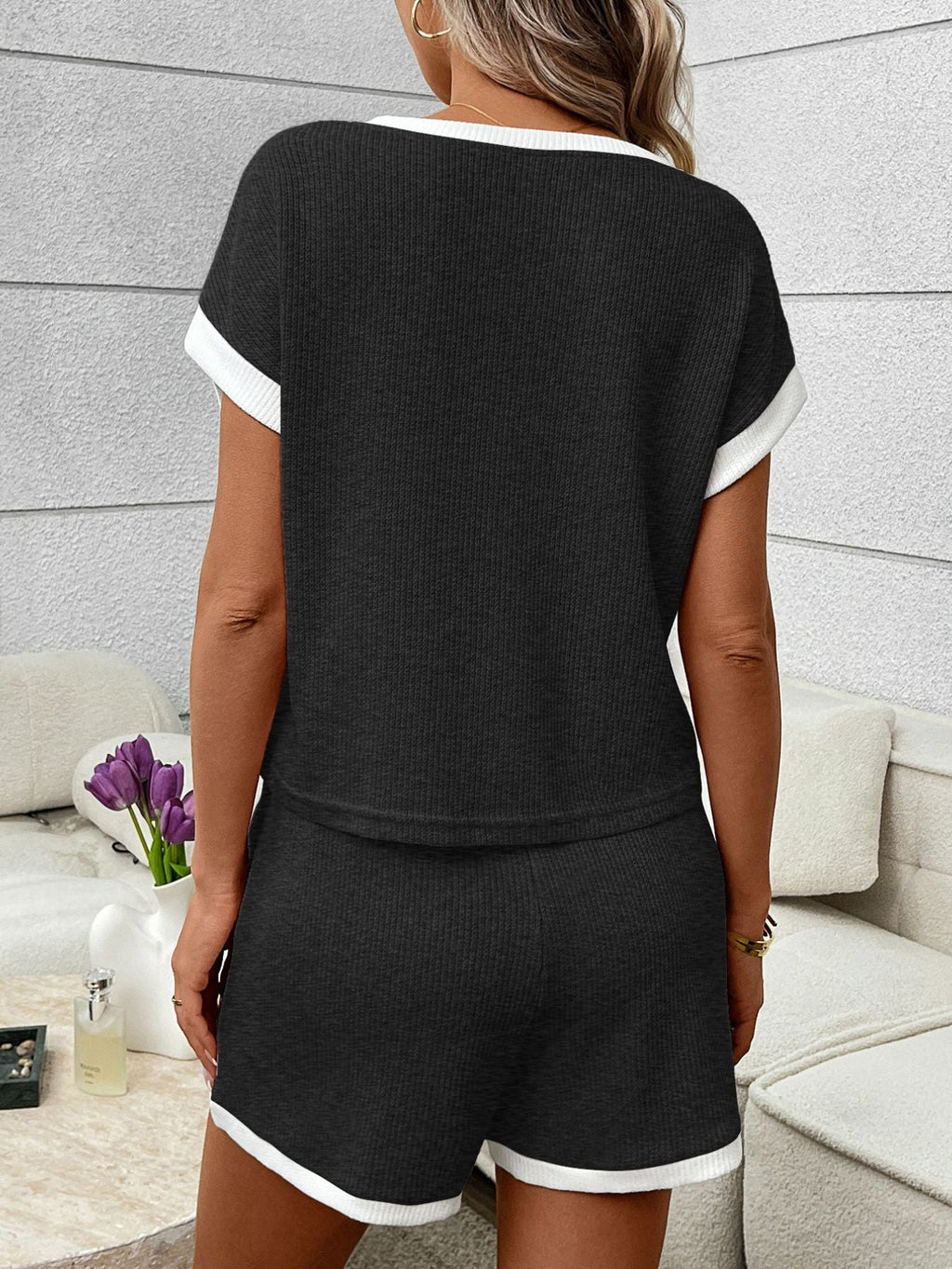 Contrast Trim Short Sleeve Top and Shorts Set