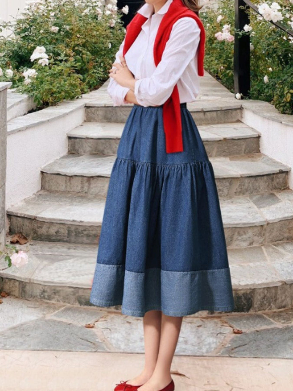 Tiered Denim Midi Skirt