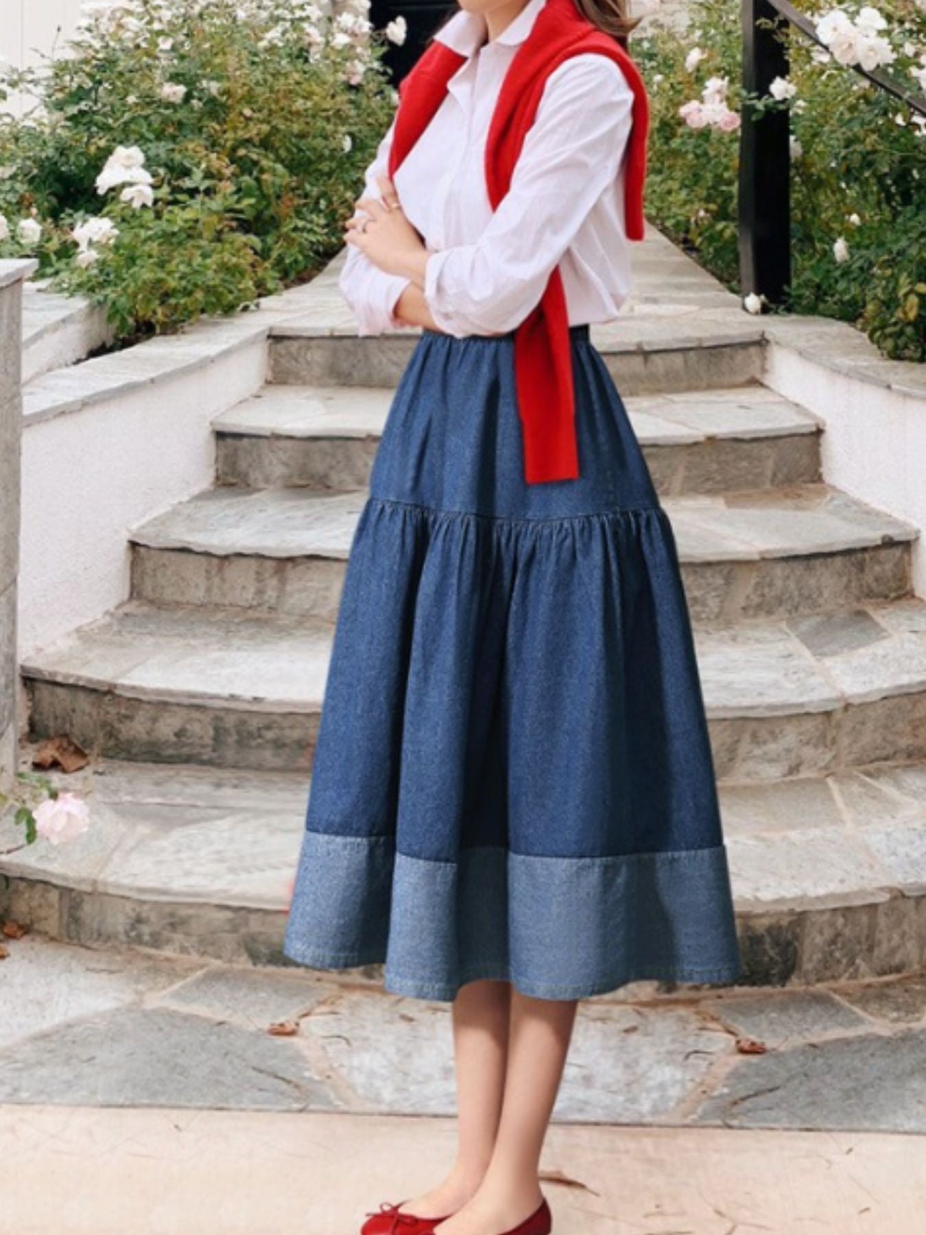 Tiered Denim Midi Skirt