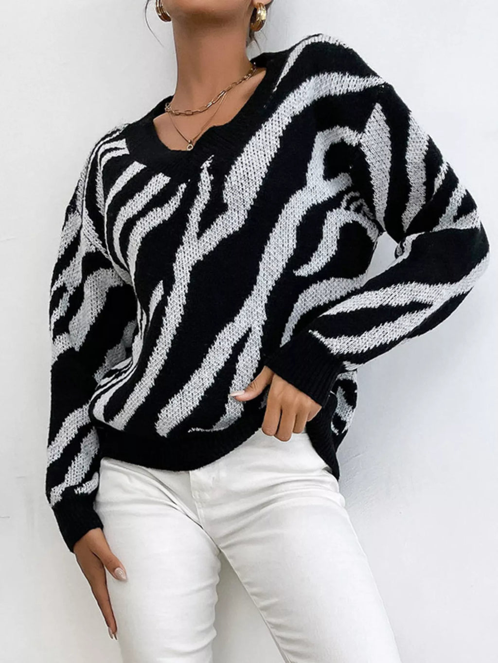 Zebra Print Relaxed Fit Pullover Sweater