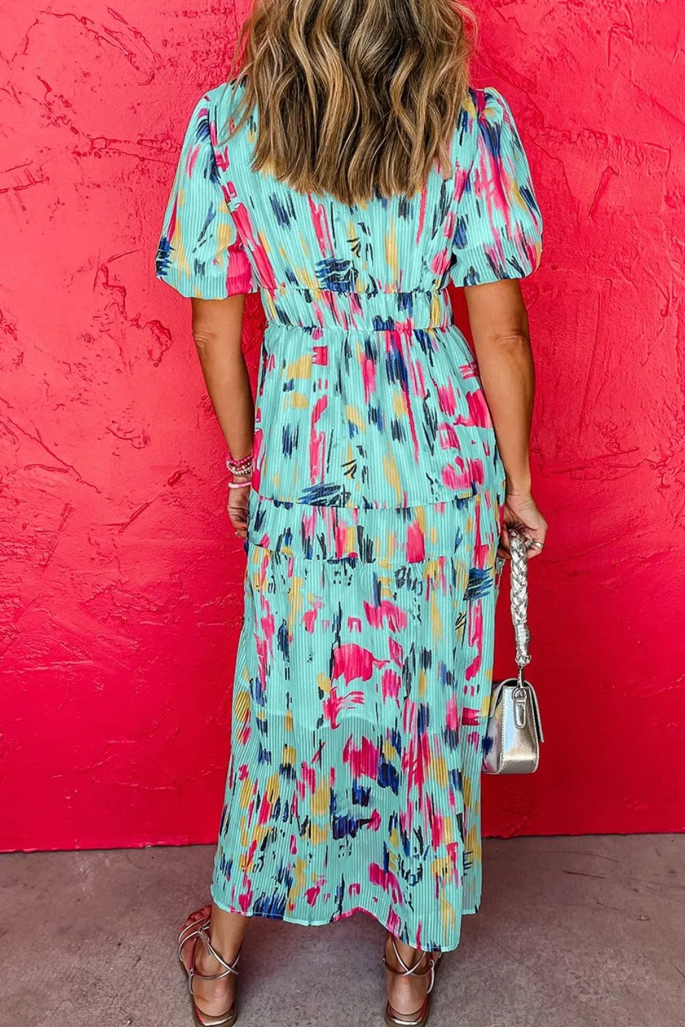 Abstract Print Short Puff Sleeve Tiered Maxi Dress