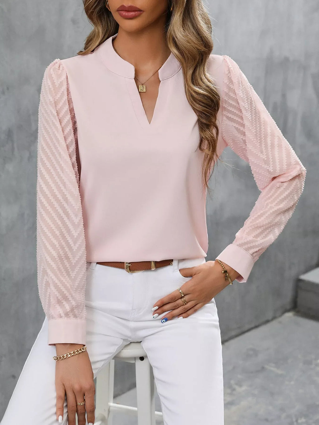 Sheer Sleeve V-Neck Blouse