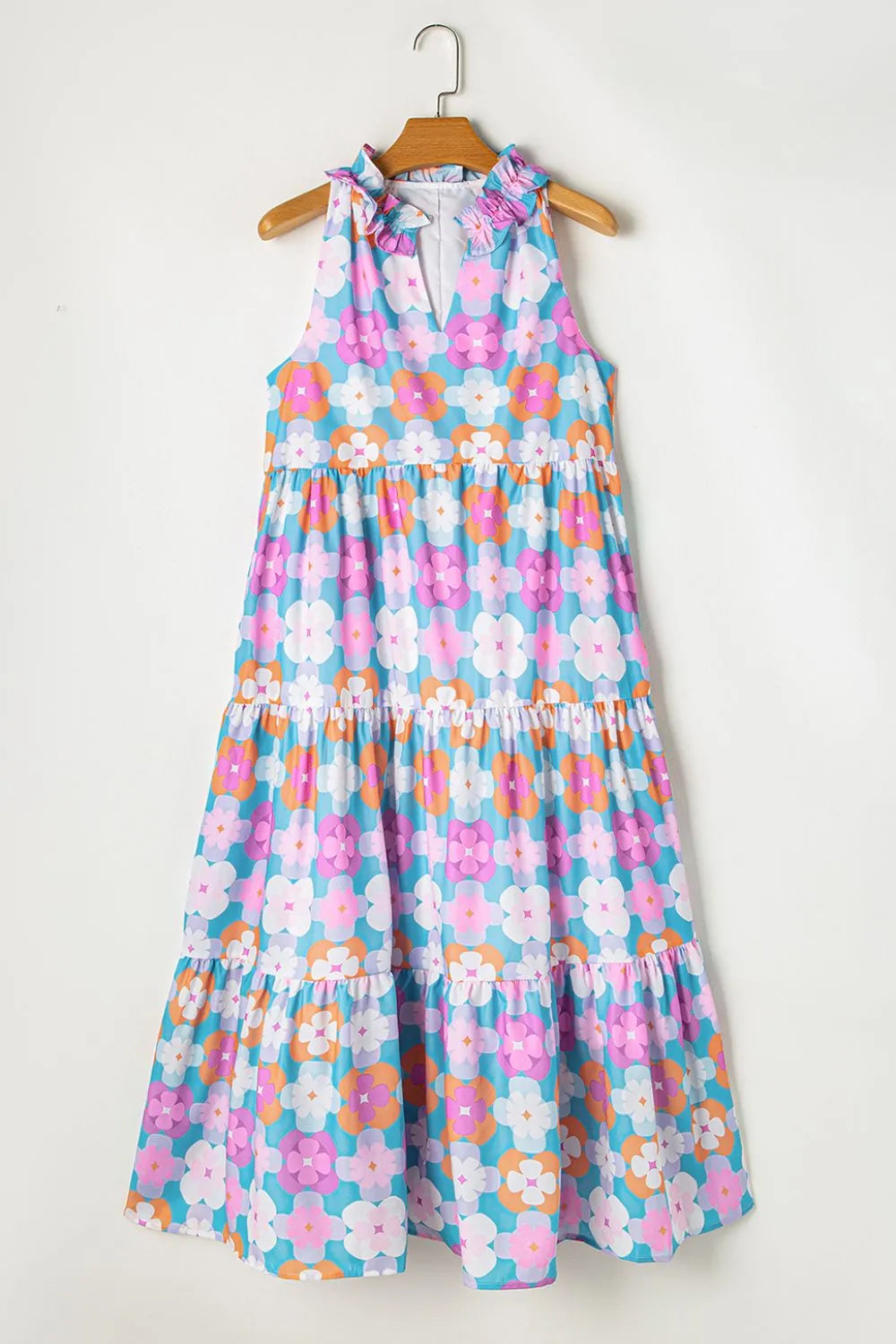 Floral Print Sleeveless Tiered Midi Dress