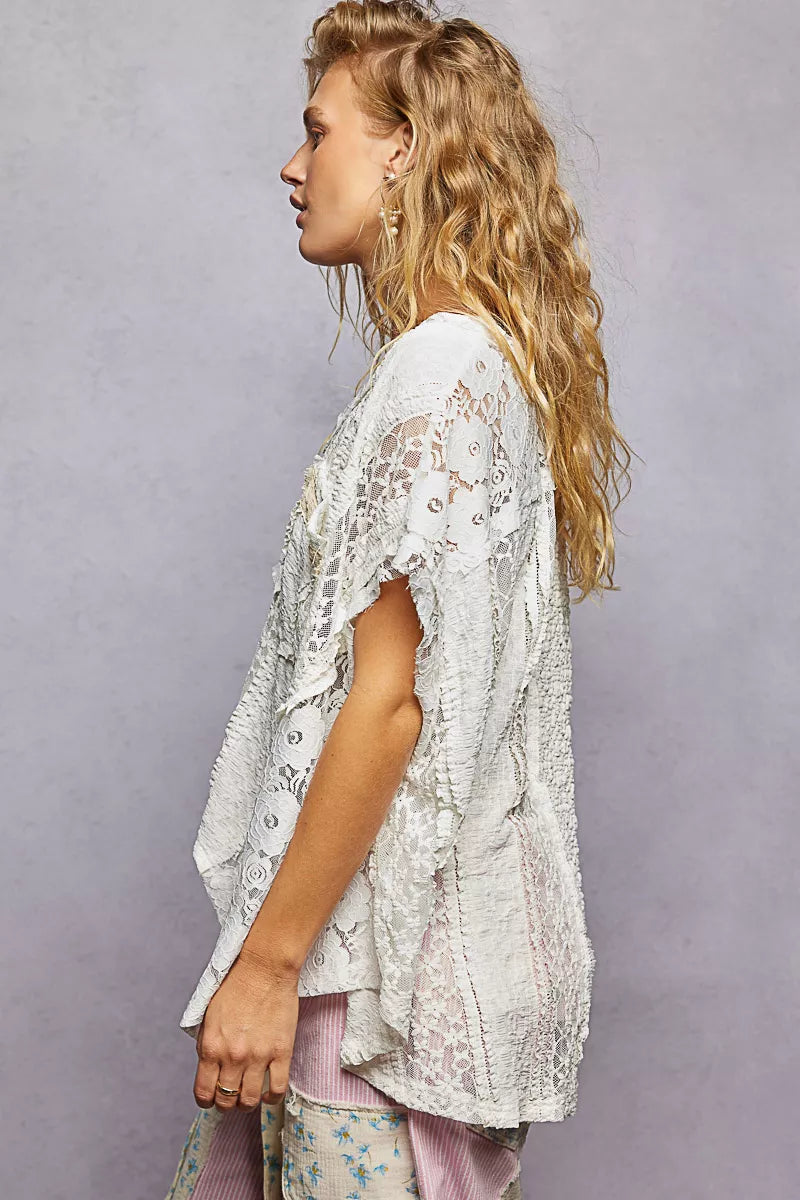 POL Asymmetrical V-Neck Short Sleeve Lace Top
