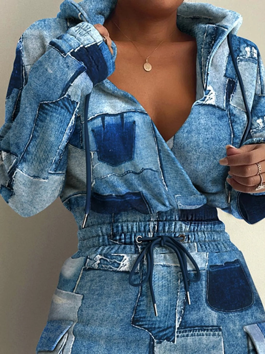 Full Size Drawstring Waist Surplice Printed Dress Plus Size