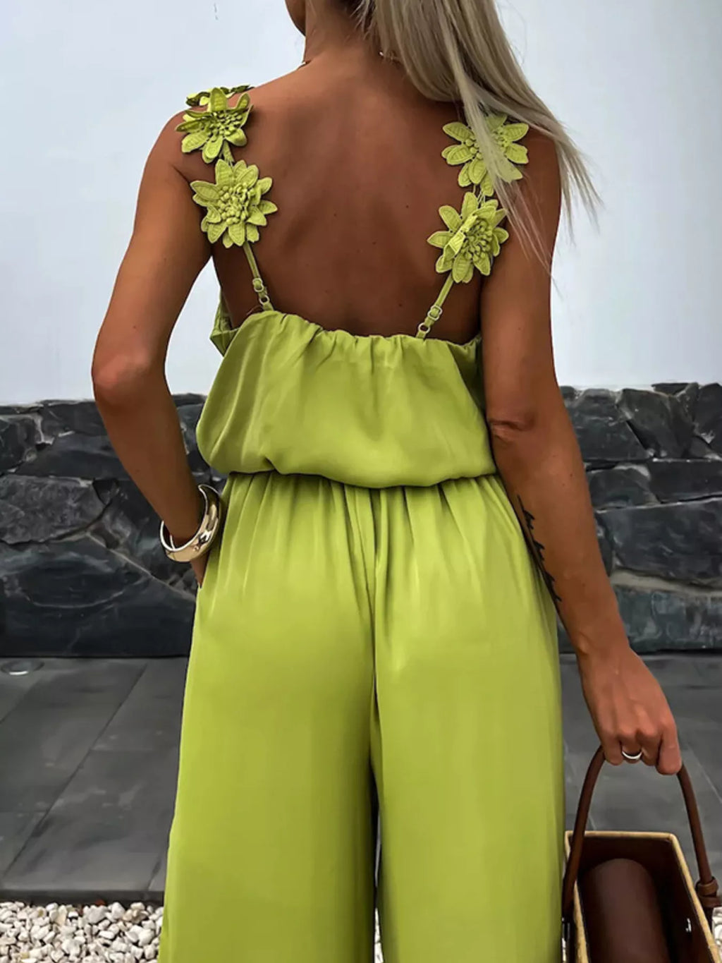 Floral Applique V-Neck Wide Leg Jumpsuit