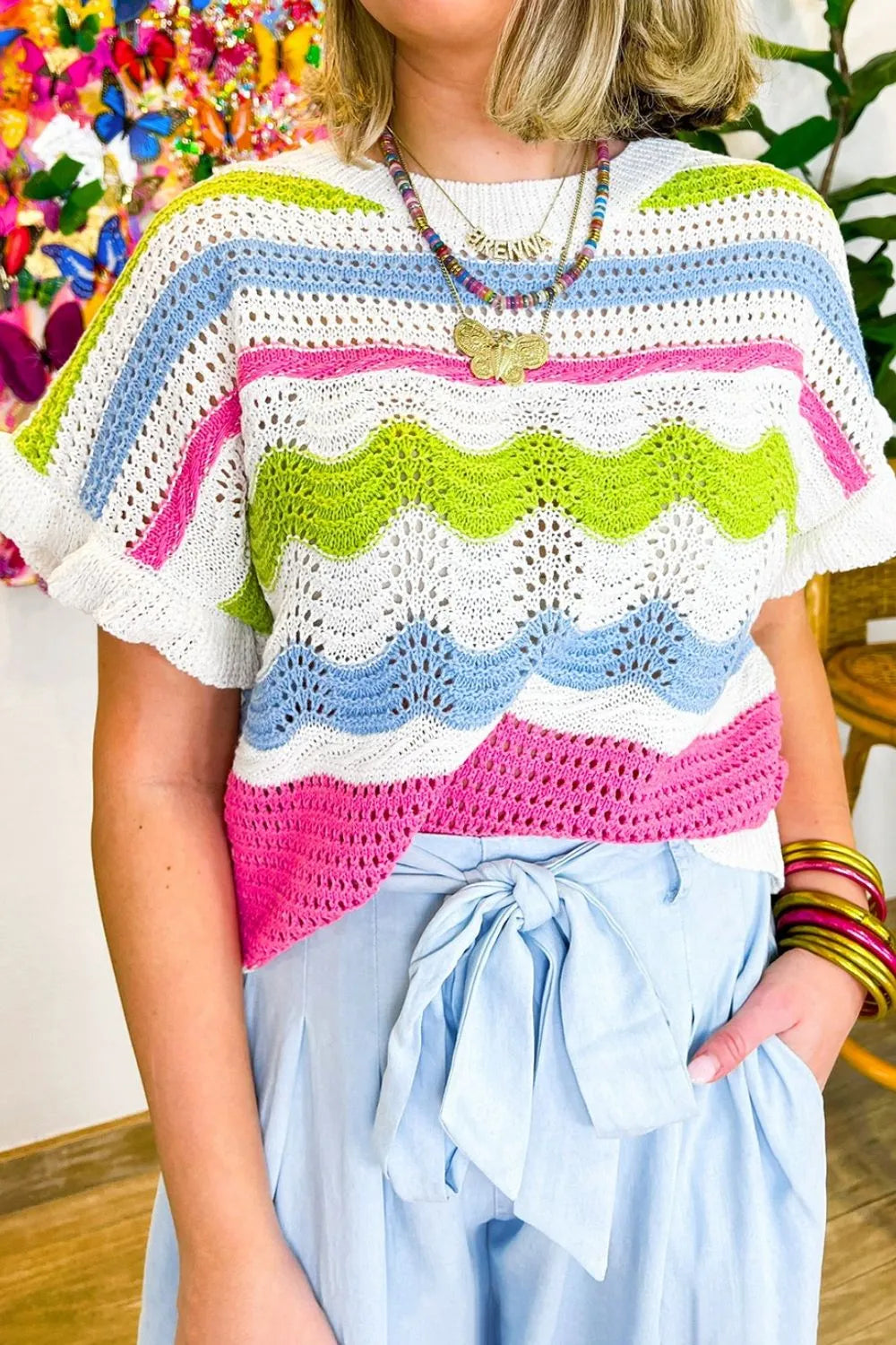 Color Block Crochet Ruffled Short Sleeve Knit Top
