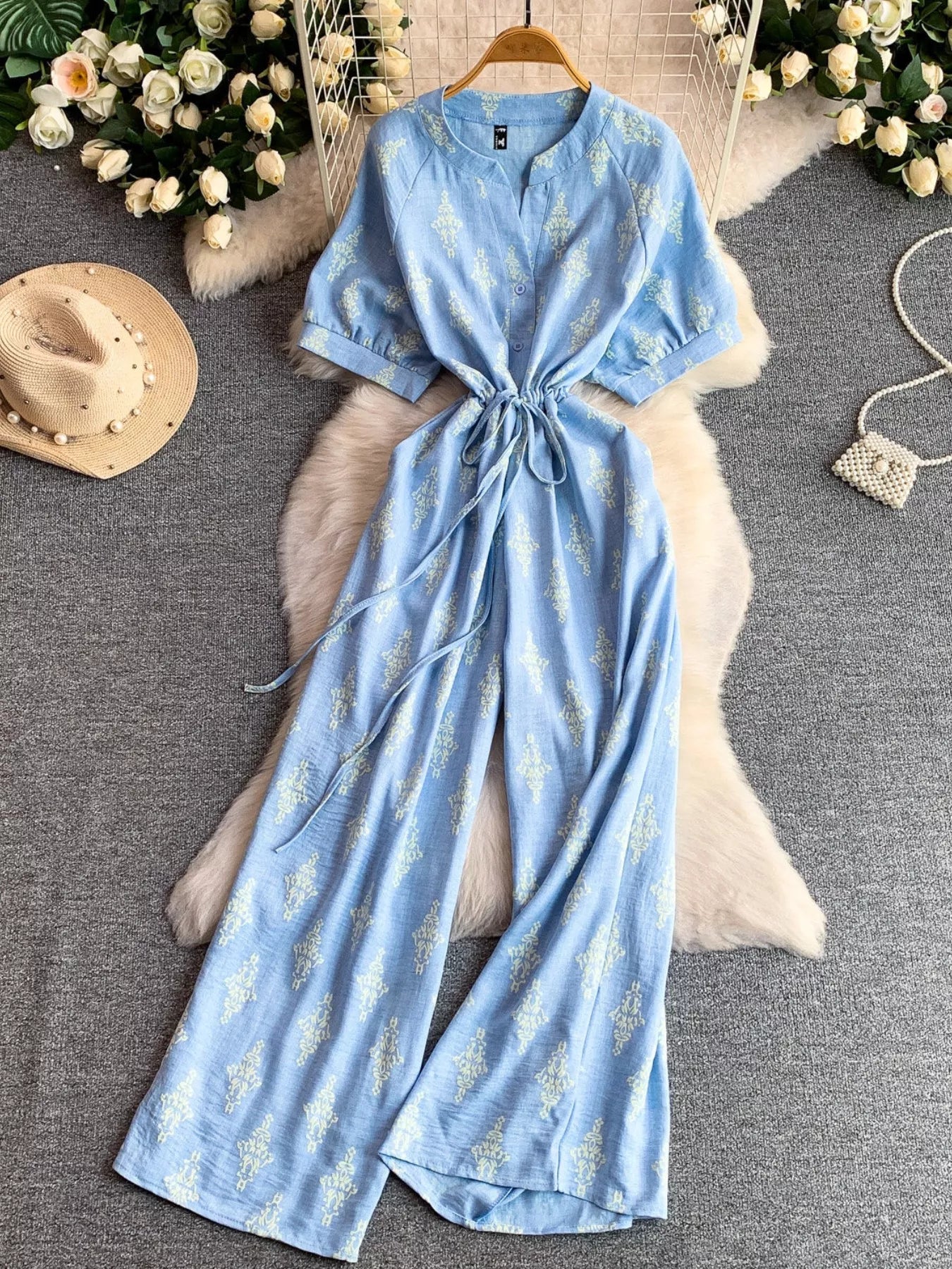 Printed Short Sleeve Wide Leg Jumpsuit