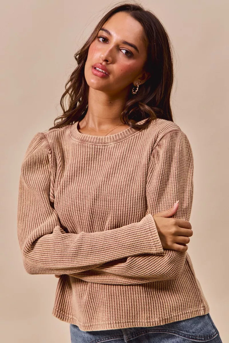 SO ME Mineral Washed Waffle Top With Puff Sleeves