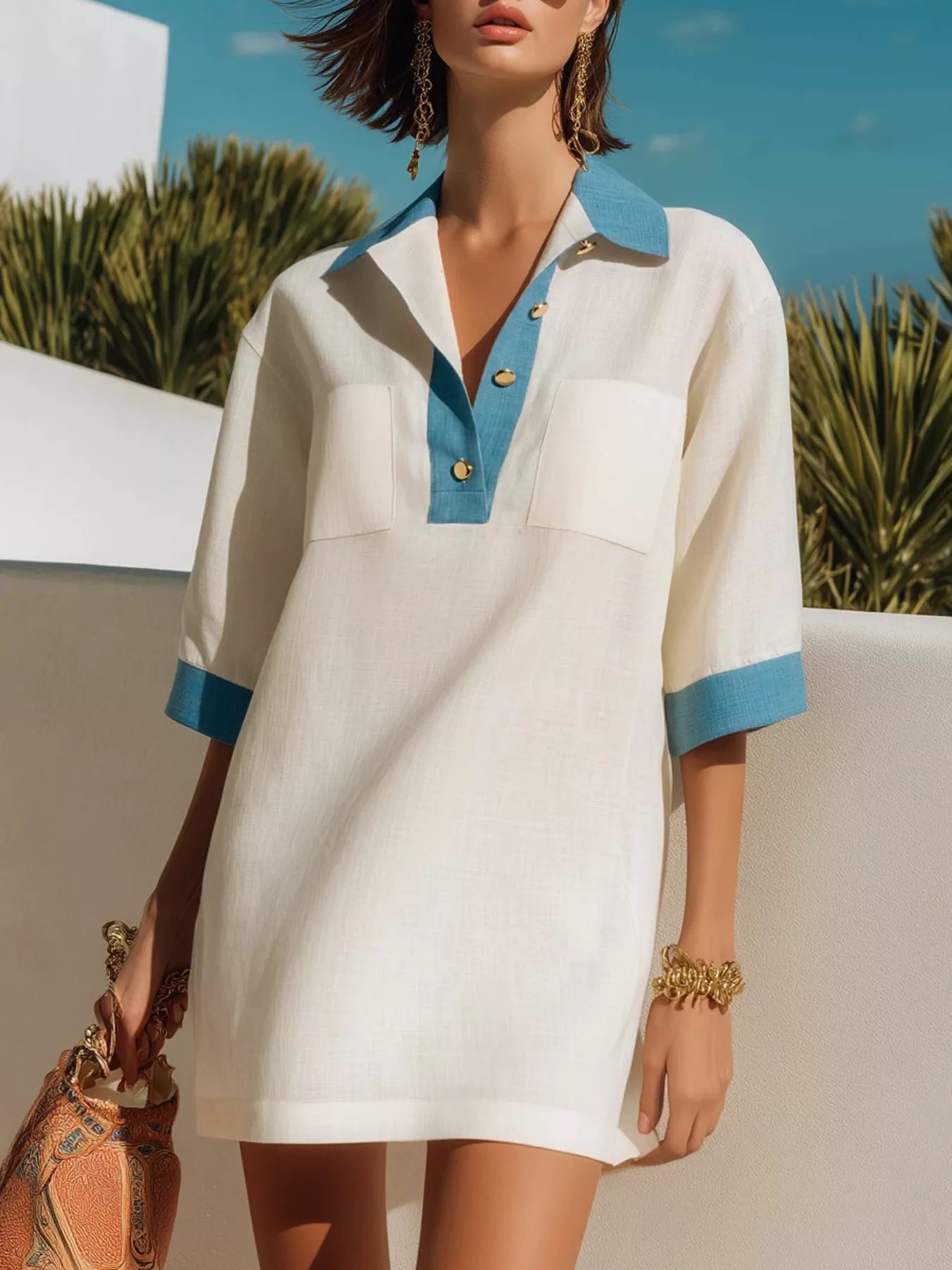 Contrast Trim Half Sleeve Dress
