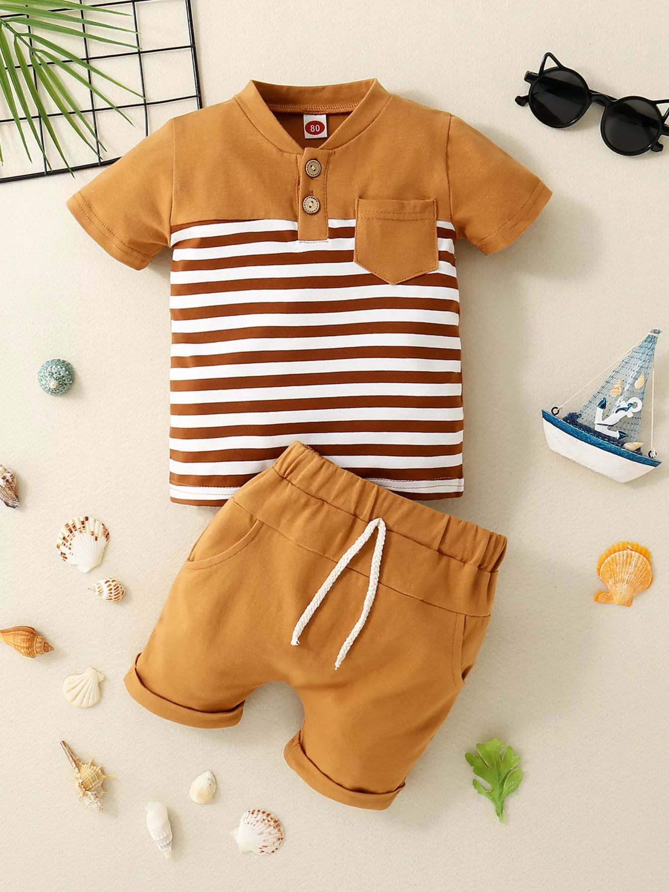 Children's Striped Button Detail Polo and Shorts Set