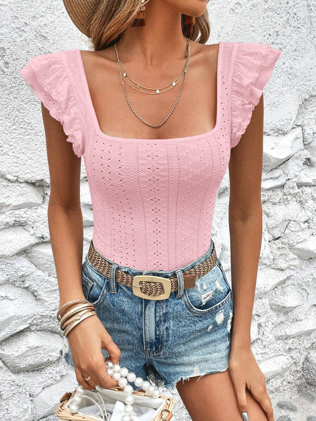 Square Neck Ruffle Sleeve Top
