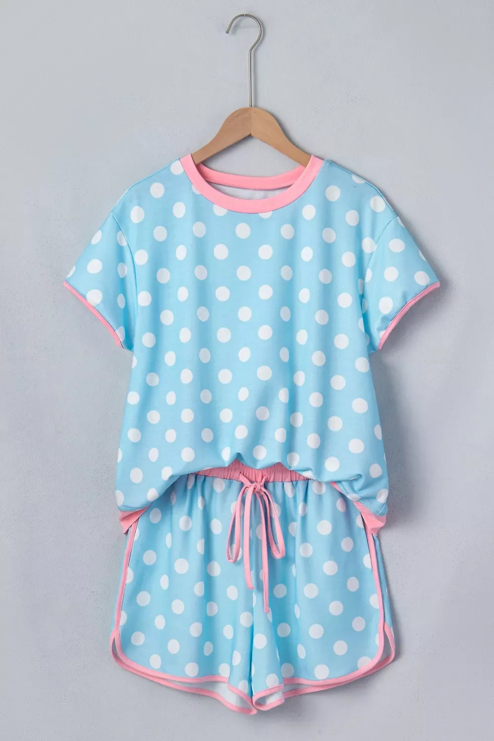 Polka Dot Contrast Trim Top and Drawstring Shorts Set