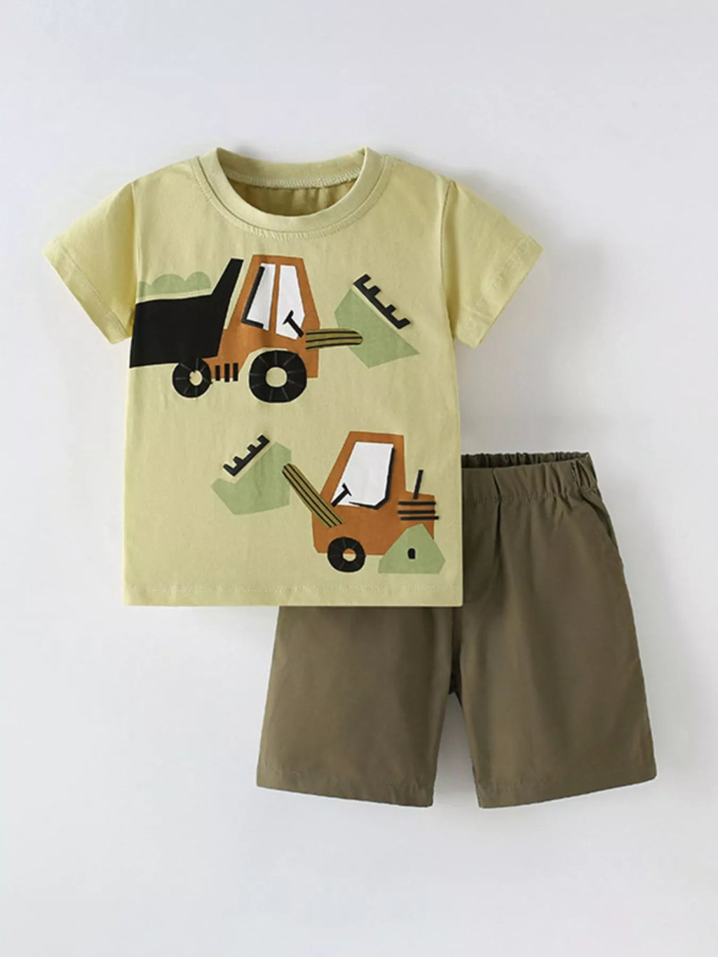Children's Cartoon Excavator Round Neck Tee and Shorts Set