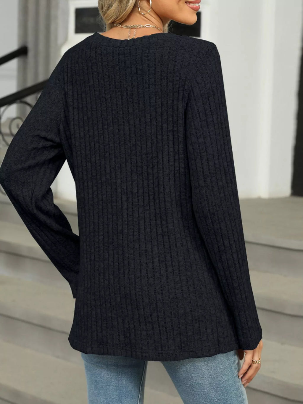 Ribbed Round Neck Long Sleeve Top