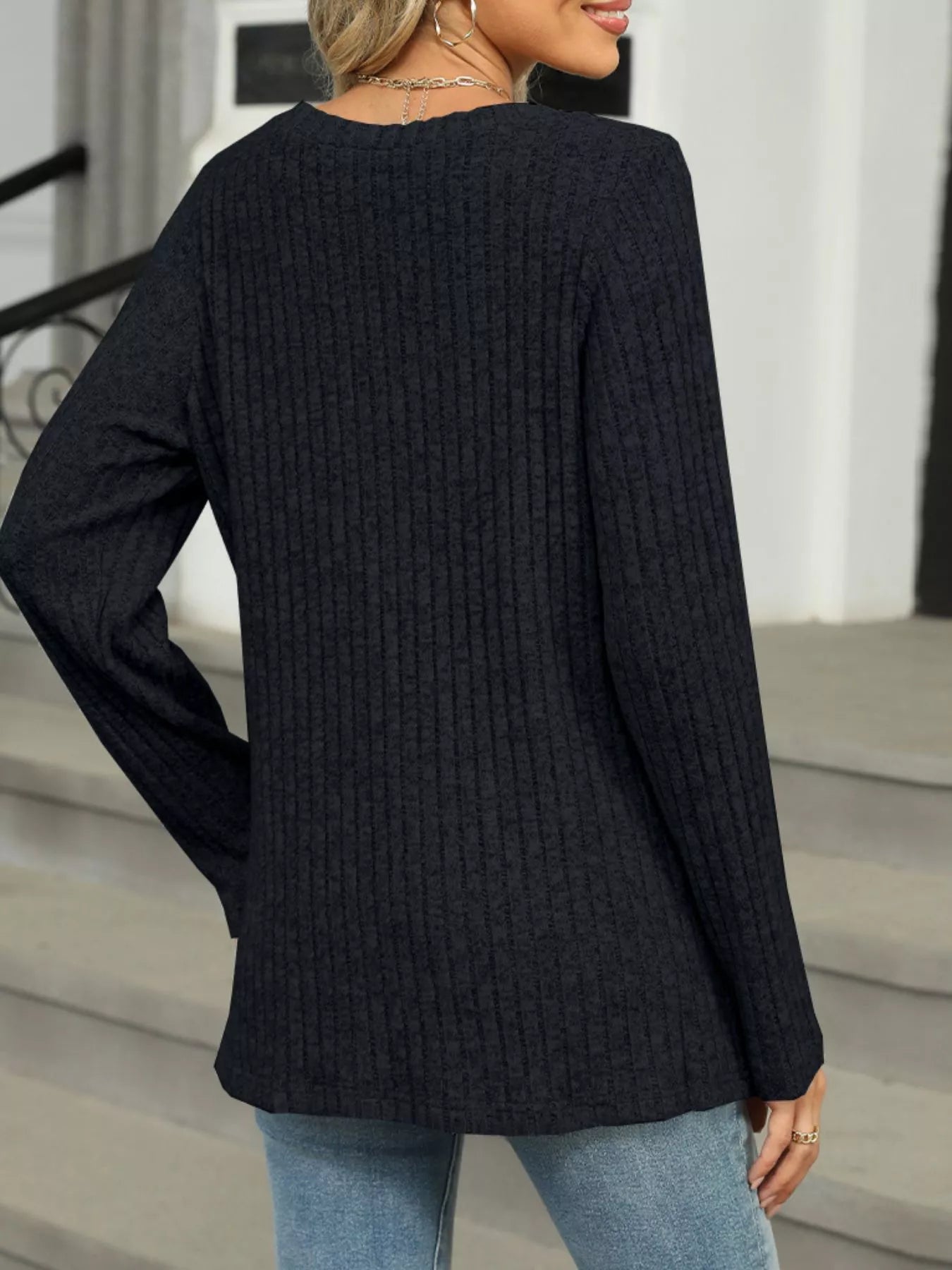 Ribbed Round Neck Long Sleeve Top
