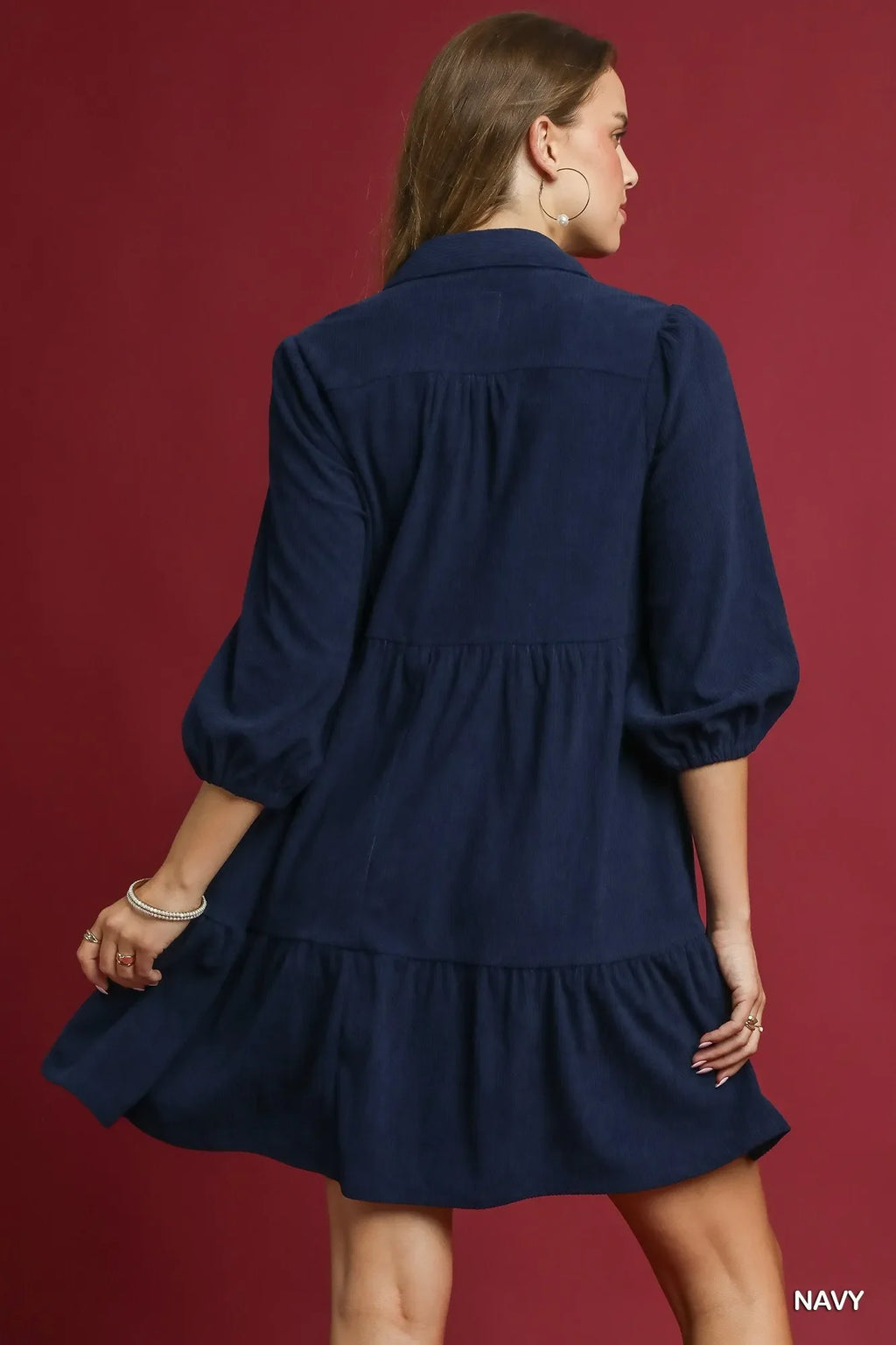 Umgee Tiered Corduroy Mini Dress with Balloon Sleeves