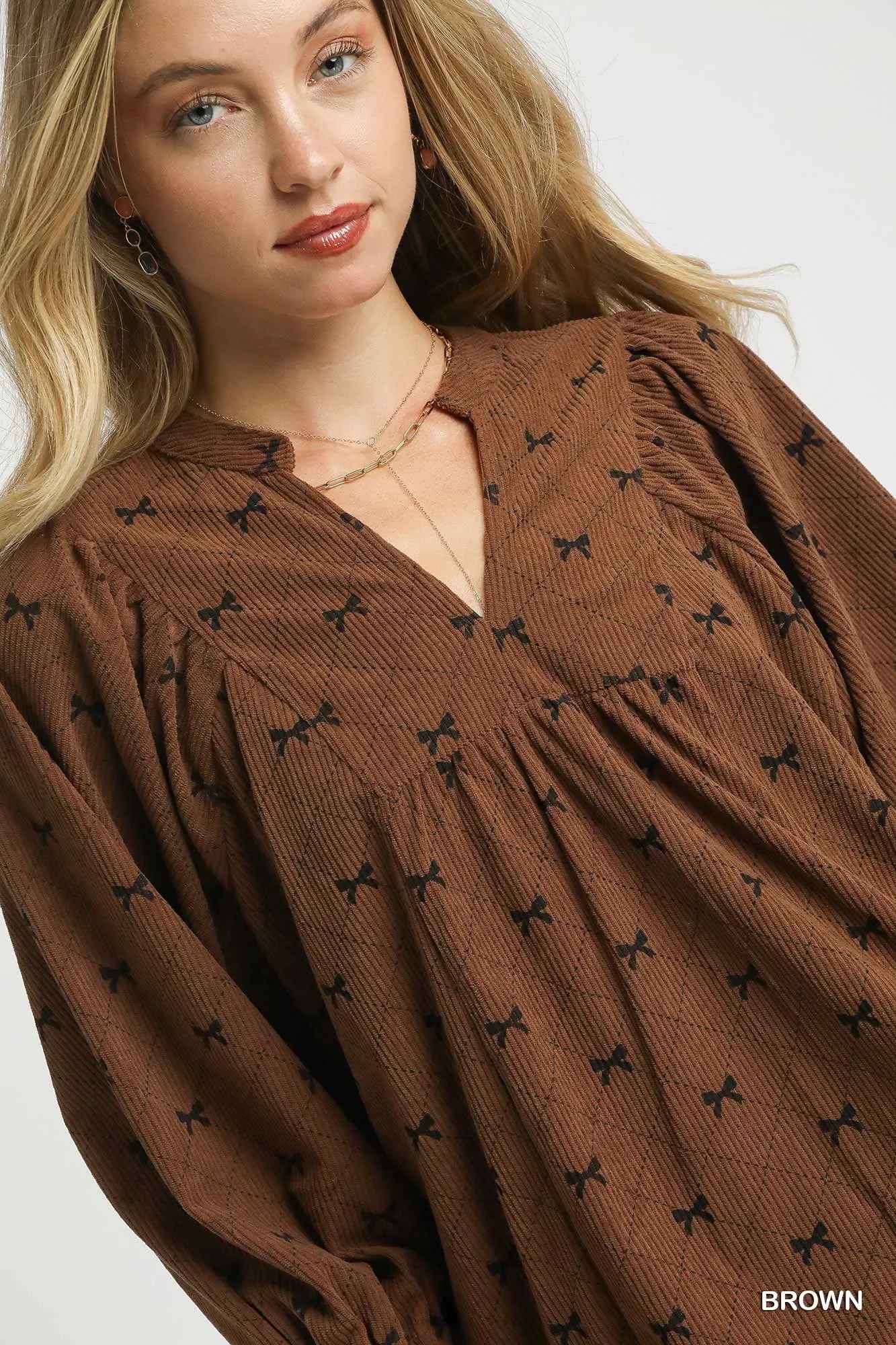 Umgee Corduroy Bow Print Balloon Sleeve Blouse